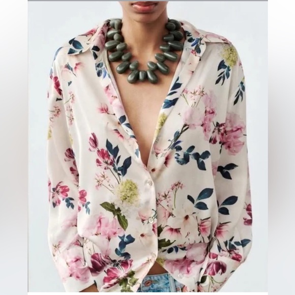 Zara Satin Floral Button Down Long Sleeve Blouse - Pink and Green - Picture 2 of 12